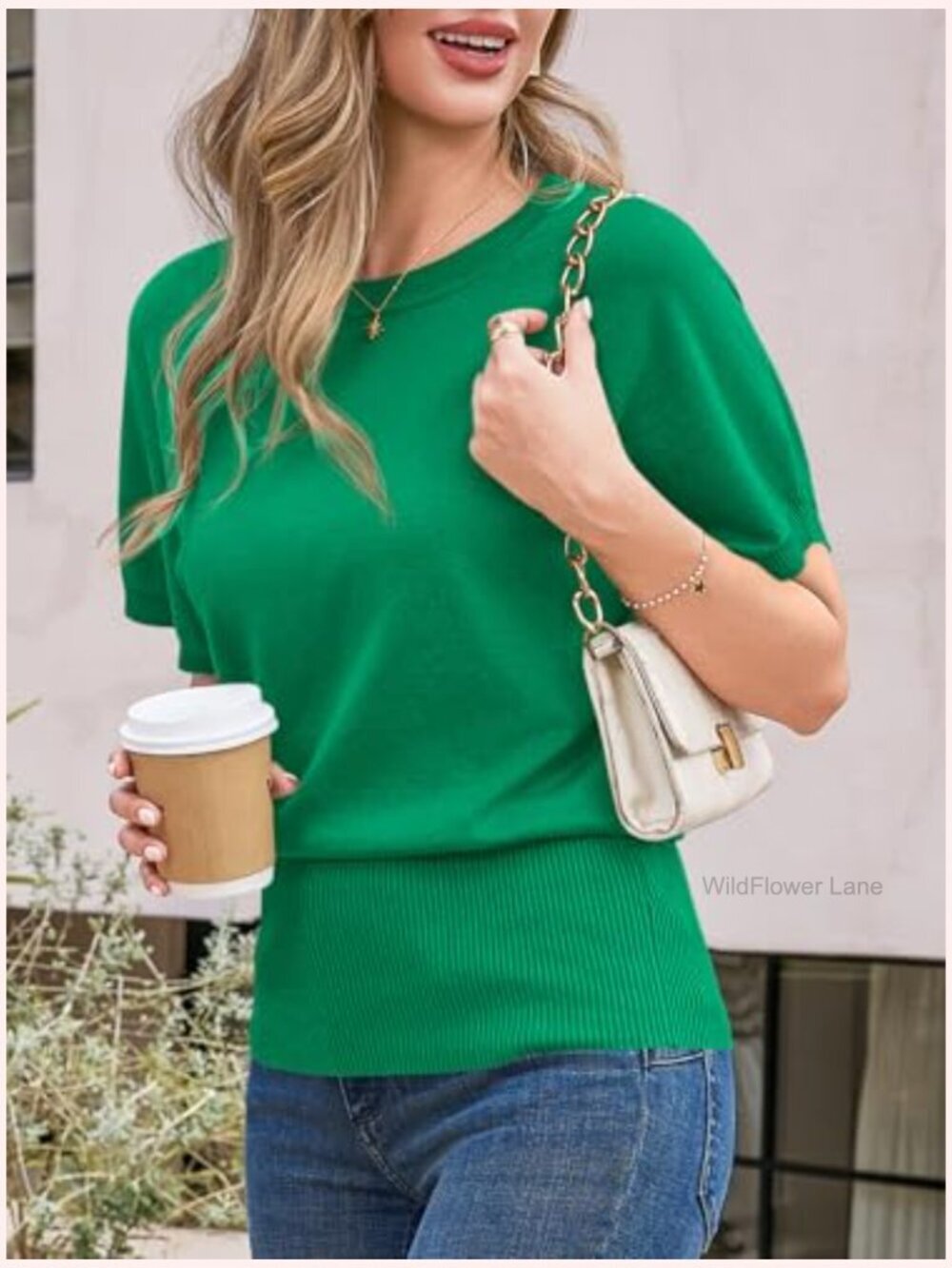 Batwing Short Sleeve Sweater Crew Neck Cinched Waist Ribbed Knit Summer Pullover - Picture 4 of 7